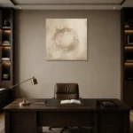 Ivory Plaster Medallion Living Room Wall Art Canvas Print displayed in a contemporary gallery-inspired room