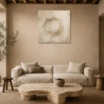 Ivory Plaster Medallion Living Room Wall Art Canvas Print presented in a sophisticated home setting