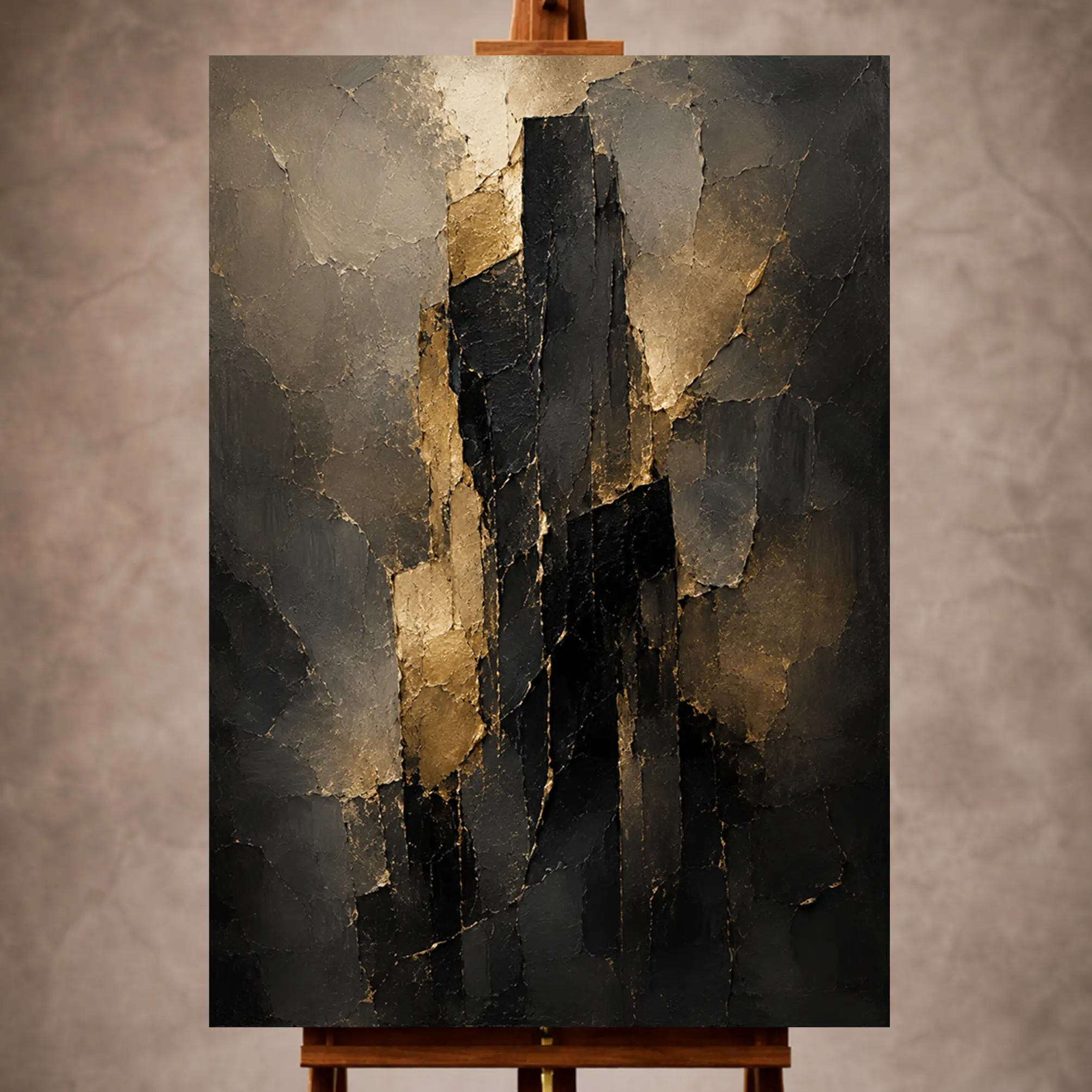Premium Wall Art Dikey Html Edition – LVNGRM041 Image 1 Black and gold Living Room Wall Art print featuring a monolithic abstract form with charcoal layers and luminous gold fractures for elegant interiors
