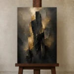 Monolithic Black and Gold Living Room Wall Art Canvas Print displayed on a studio easel