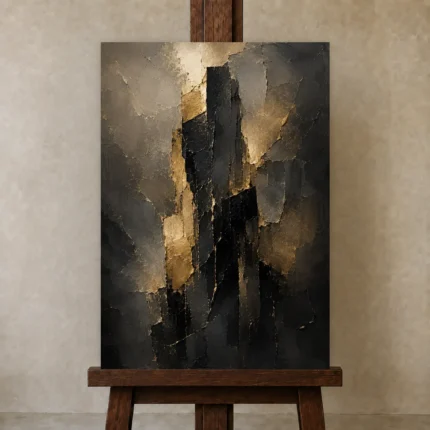 Monolithic Black and Gold Living Room Wall Art Canvas Print shown in Studio Easel