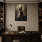 Monolithic Black and Gold Living Room Wall Art Canvas Print displayed in a contemporary gallery-inspired room