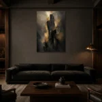 Monolithic Black and Gold Living Room Wall Art Canvas Print shown in a warm modern interior