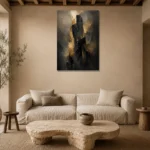 Monolithic Black and Gold Living Room Wall Art Canvas Print presented in a sophisticated home setting