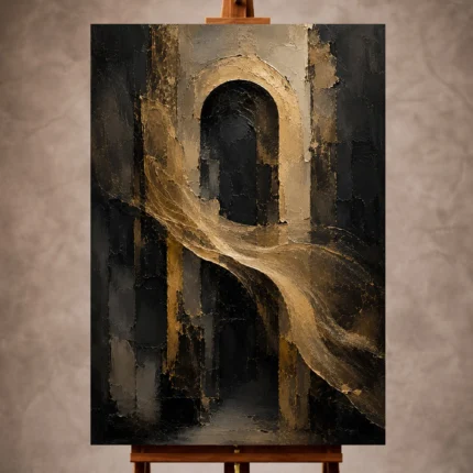 Black and antique gold Living Room Wall Art print featuring a tall architectural arch and floating gold veil for elegant interiors