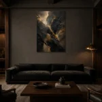 Gilded Mineral Black Living Room Wall Art Canvas Print shown in a warm modern interior
