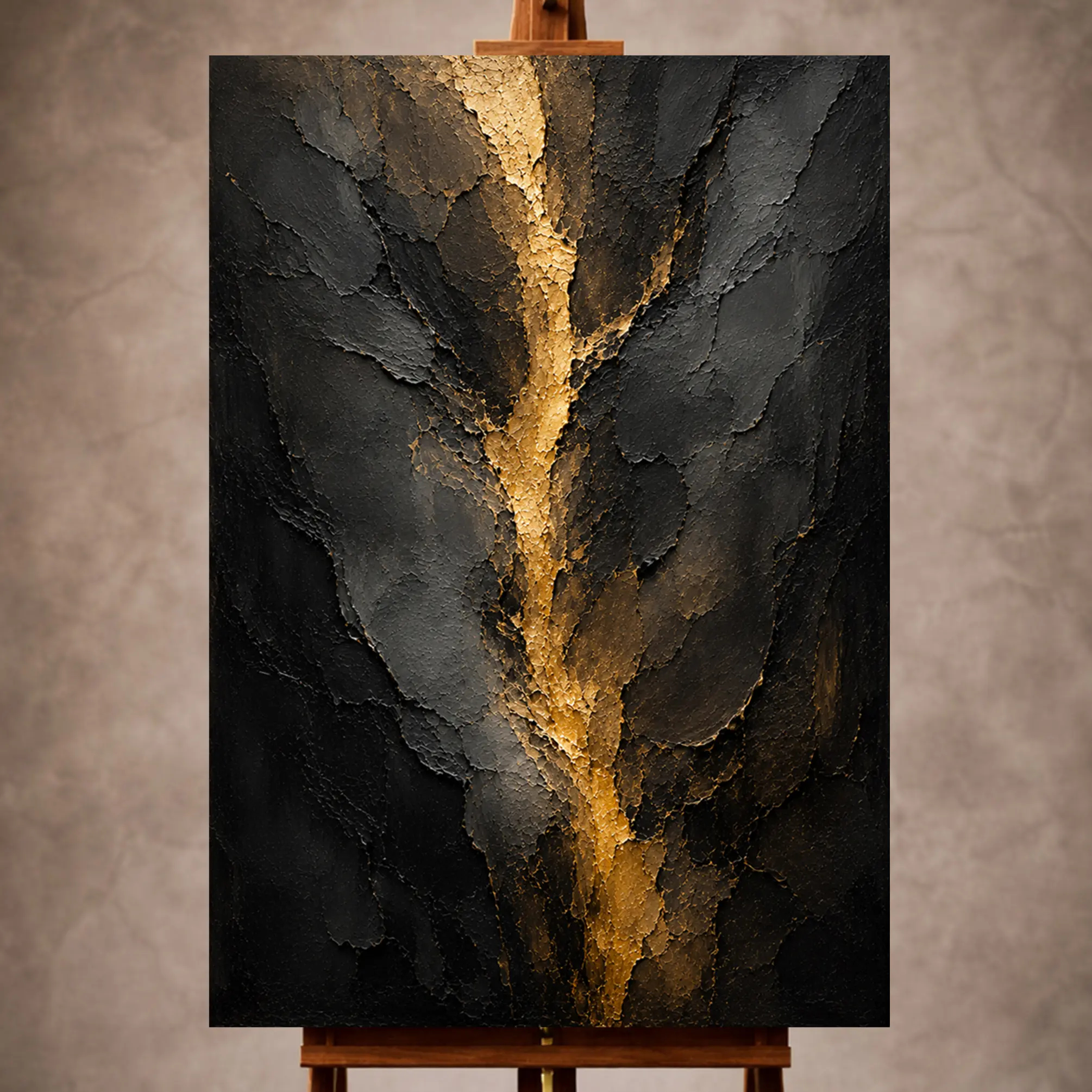 Premium Wall Art Dikey Html Edition – LVNGRM044 Image 1 Black and gold Living Room Wall Art print featuring a luminous golden rift through layered charcoal plaster textures for elegant interiors