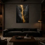 Golden Rift Black Living Room Wall Art Canvas Print shown in a warm modern interior