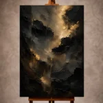 Black and muted gold Living Room Wall Art print featuring floating abstract forms and smoky charcoal gradients for elegant interiors