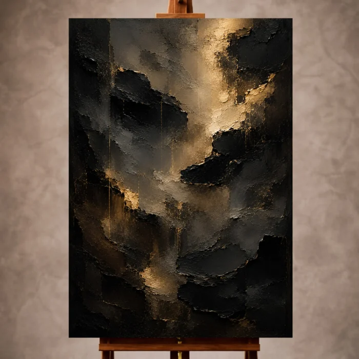 Black and muted gold Living Room Wall Art print featuring floating abstract forms and smoky charcoal gradients for elegant interiors
