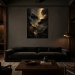 Nocturne Gold Living Room Wall Art Canvas Print shown in a warm modern interior