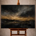 Black and antique gold Living Room Wall Art print featuring an atmospheric obsidian horizon and restrained band of golden light for elegant interiors