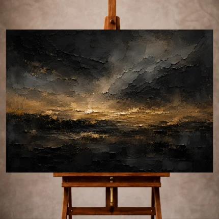 Black and antique gold Living Room Wall Art print featuring an atmospheric obsidian horizon and restrained band of golden light for elegant interiors