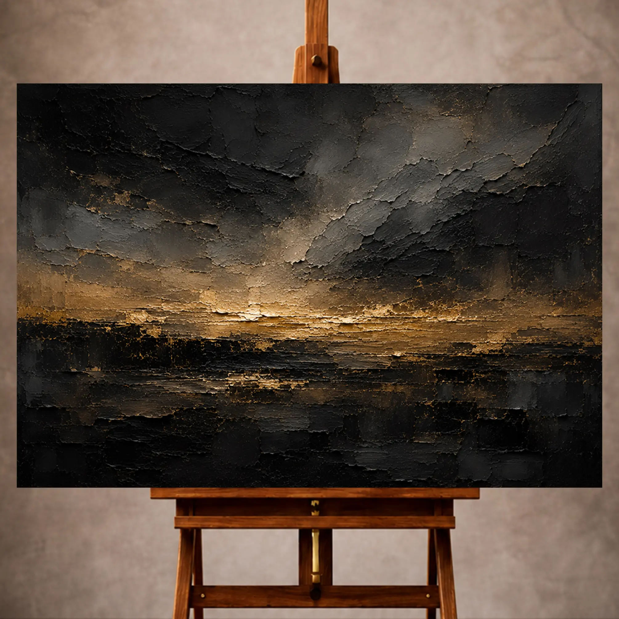 Premium Wall Art Yatay Html Edition – LVNGRM046 Image 1 Black and antique gold Living Room Wall Art print featuring an atmospheric obsidian horizon and restrained band of golden light for elegant interiors