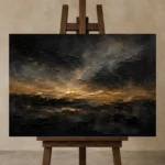 Antique Gold Horizon Living Room Wall Art Canvas Print displayed on a studio easel