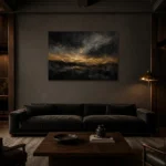 Antique Gold Horizon Living Room Wall Art Canvas Print shown in a warm modern interior