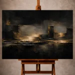 Black and gold Living Room Wall Art print featuring softened architectural planes, charcoal blocks, and delicate gilded seams for elegant interiors