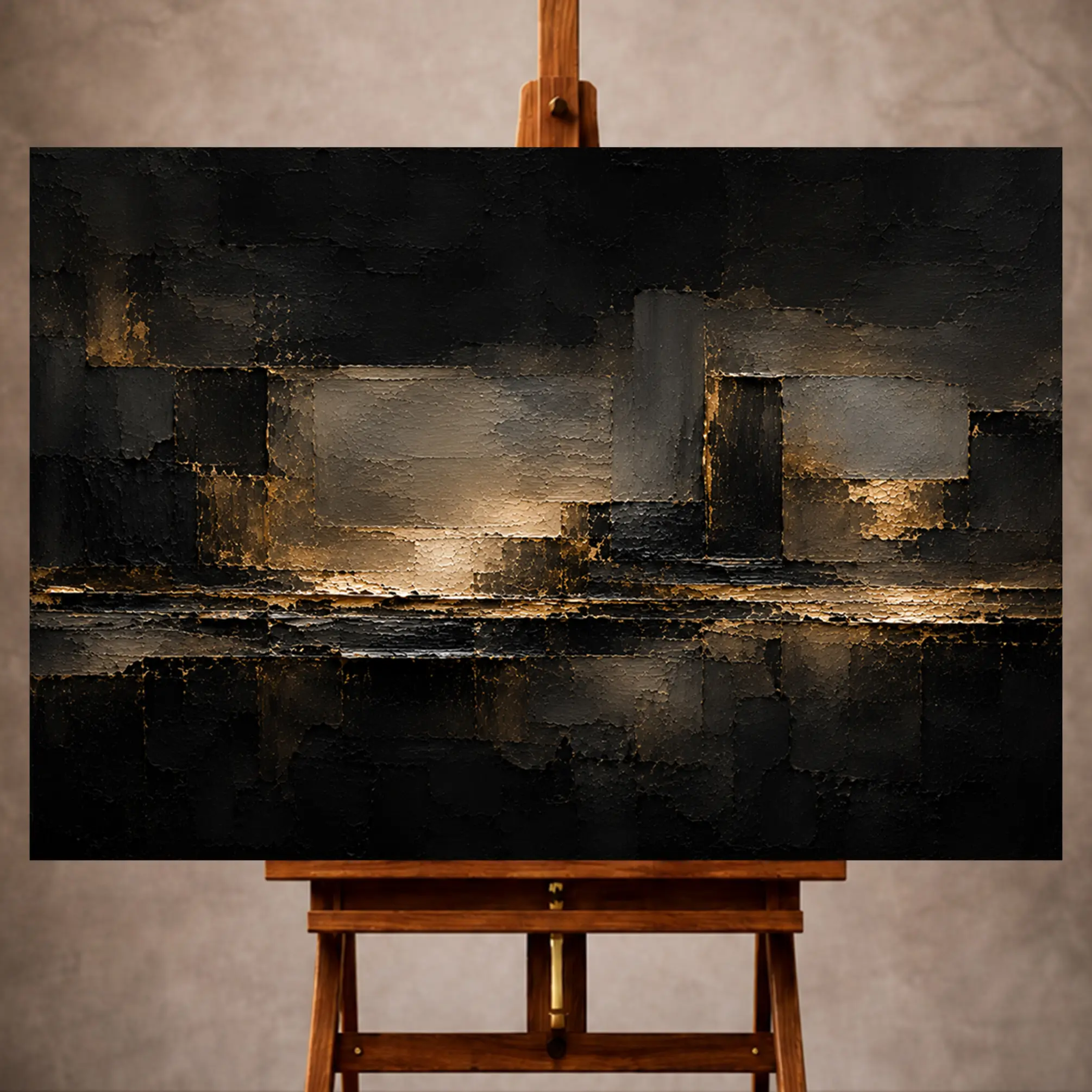 Premium Wall Art Yatay Html Edition – LVNGRM047 Image 1 Black and gold Living Room Wall Art print featuring softened architectural planes, charcoal blocks, and delicate gilded seams for elegant interiors