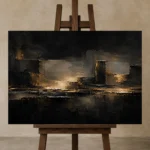 Gilded Architectural Living Room Wall Art Canvas Print displayed on a studio easel