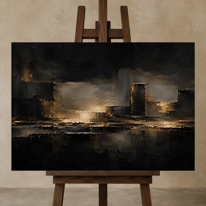 Gilded Architectural Living Room Wall Art Canvas Print displayed on a studio easel