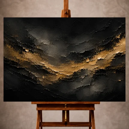 Black and antique gold Living Room Wall Art print featuring a sweeping golden current across charcoal stone textures for elegant interiors