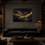 Antique Gold Current Living Room Wall Art Canvas Print shown in a warm modern interior