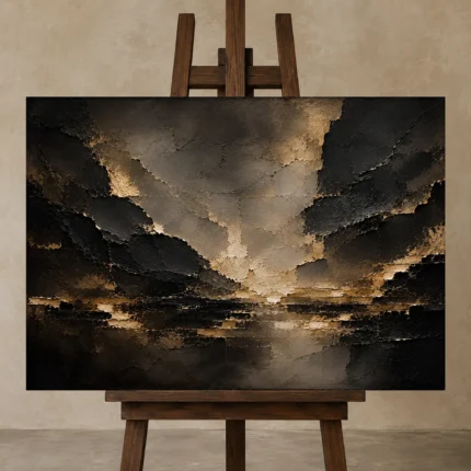 Champagne Gold Fracture Living Room Wall Art Canvas Print shown in Studio Easel