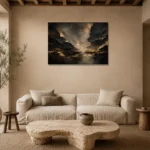 Champagne Gold Fracture Living Room Wall Art Canvas Print presented in a sophisticated home setting