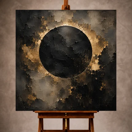 Black and antique gold Living Room Wall Art print featuring a circular eclipse over charcoal plaster textures for elegant interiors