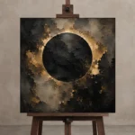 Antique Gold Eclipse Living Room Wall Art Canvas Print displayed on a studio easel