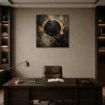 Antique Gold Eclipse Living Room Wall Art Canvas Print displayed in a contemporary gallery-inspired room