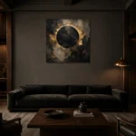 Antique Gold Eclipse Living Room Wall Art Canvas Print shown in a warm modern interior