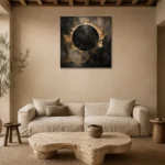 Antique Gold Eclipse Living Room Wall Art Canvas Print presented in a sophisticated home setting