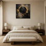 Antique Gold Eclipse Living Room Wall Art Canvas Print showcased in an elegant minimalist interior