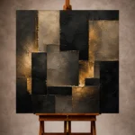 Black and muted gold Living Room Wall Art print featuring softened geometric blocks, architectural planes, and gilded seams for elegant interiors