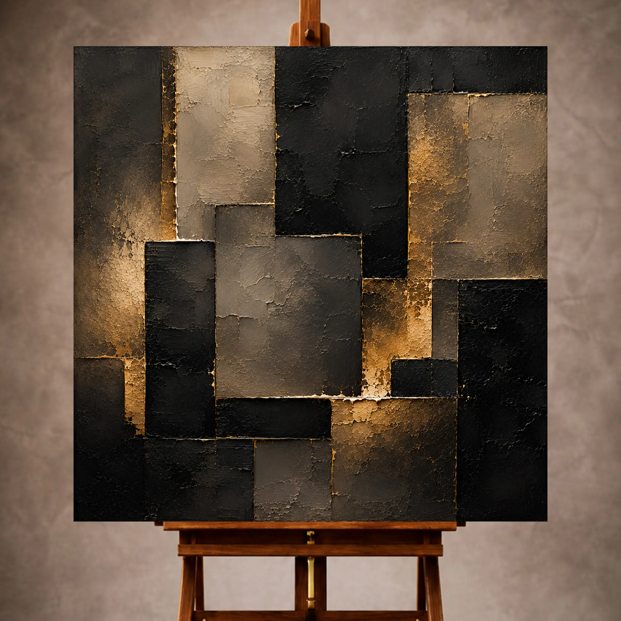 Premium Wall Art Kare Html Edition – LVNGRM052 Image 1 Black and muted gold Living Room Wall Art print featuring softened geometric blocks, architectural planes, and gilded seams for elegant interiors