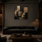 Gilded Geometric Living Room Wall Art Canvas Print shown in a warm modern interior