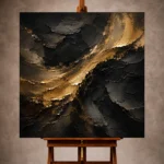 Black and antique gold Living Room Wall Art print featuring a flowing golden veil across charcoal stone textures for elegant interiors