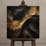 Golden Veil Black Living Room Wall Art Canvas Print displayed on a studio easel