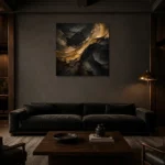 Golden Veil Black Living Room Wall Art Canvas Print shown in a warm modern interior