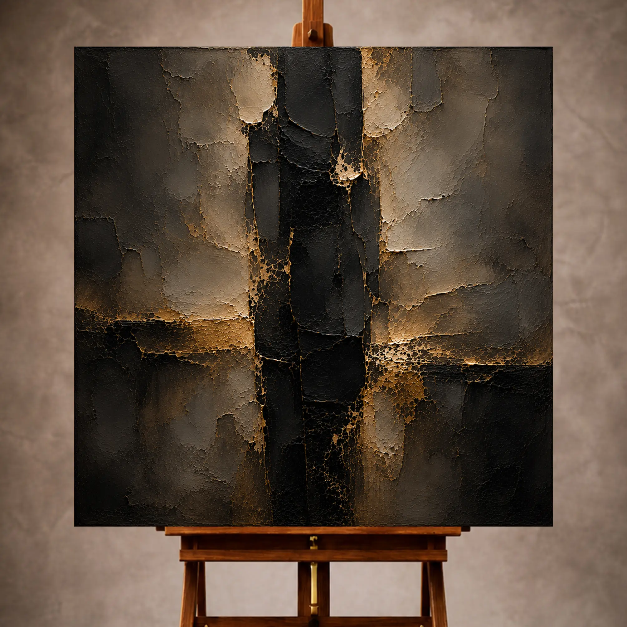Premium Wall Art Kare Html Edition – LVNGRM054 Image 1 Black and aged gold Living Room Wall Art print featuring an obsidian column with delicate gilded fractures for elegant interiors