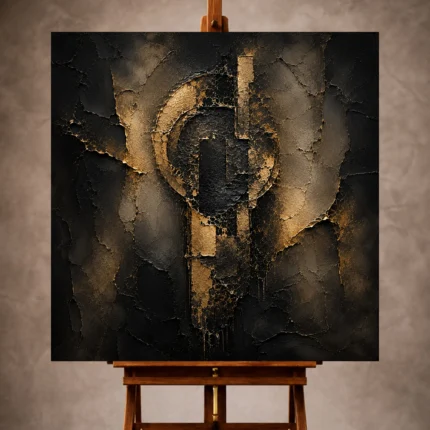 Black and antique gold Living Room Wall Art print featuring an abstract relic-like form embedded in charcoal plaster textures for elegant interiors