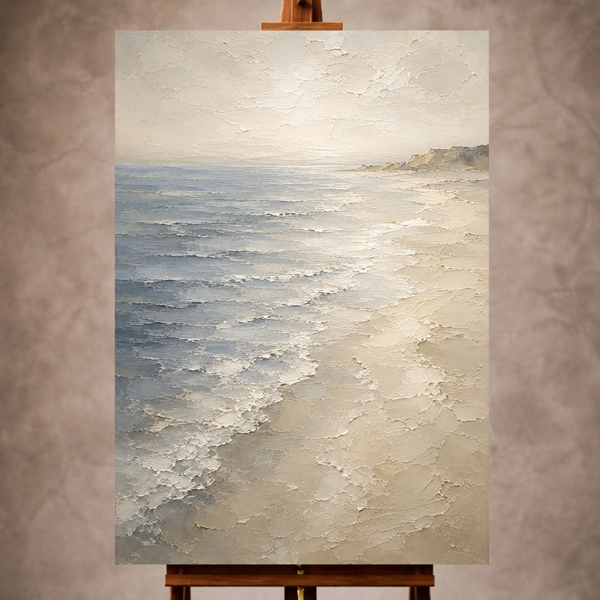 Premium Wall Art Dikey Html Edition – LVNGRM056 Image 1 Misted blue-gray Living Room Wall Art print featuring a quiet shoreline and pale sand for elegant coastal interiors