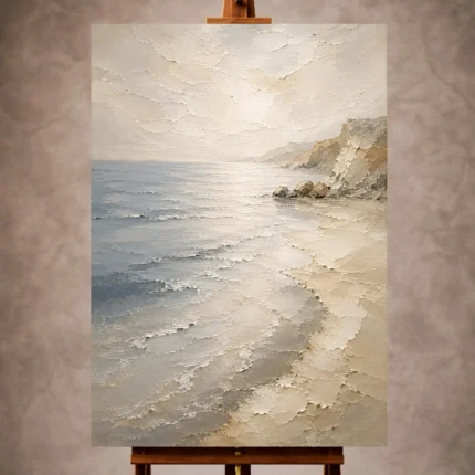 Luminous blue-gray Living Room Wall Art print featuring a sweeping tide line and layered sand for refined coastal interiors