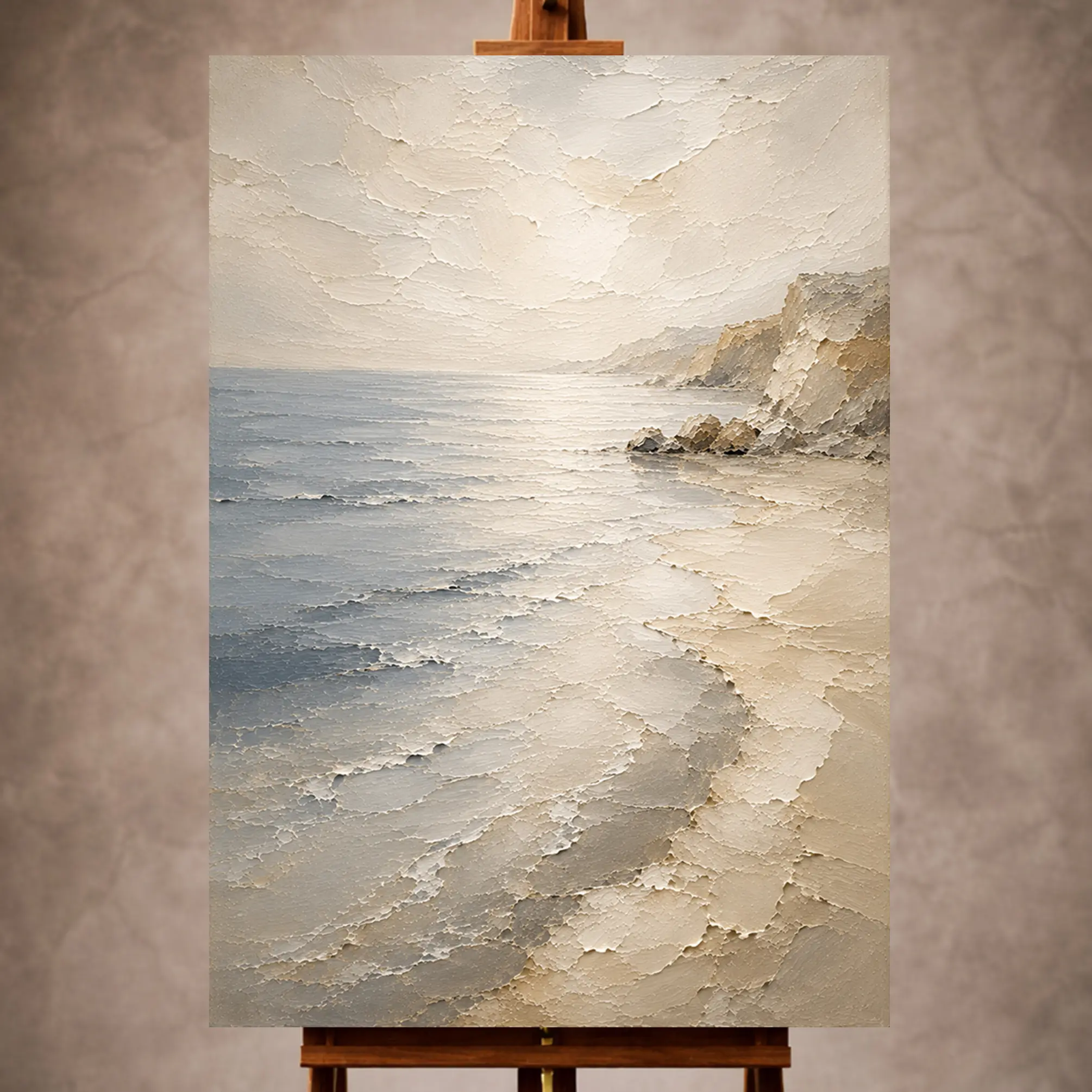 Premium Wall Art Dikey Html Edition – LVNGRM057 Image 1 Luminous blue-gray Living Room Wall Art print featuring a sweeping tide line and layered sand for refined coastal interiors
