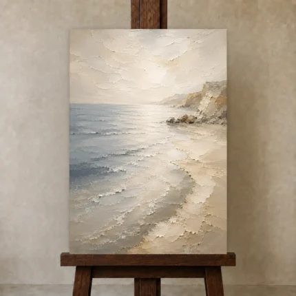 Luminous Tide Coastal Living Room Wall Art Canvas Print shown in Studio Easel