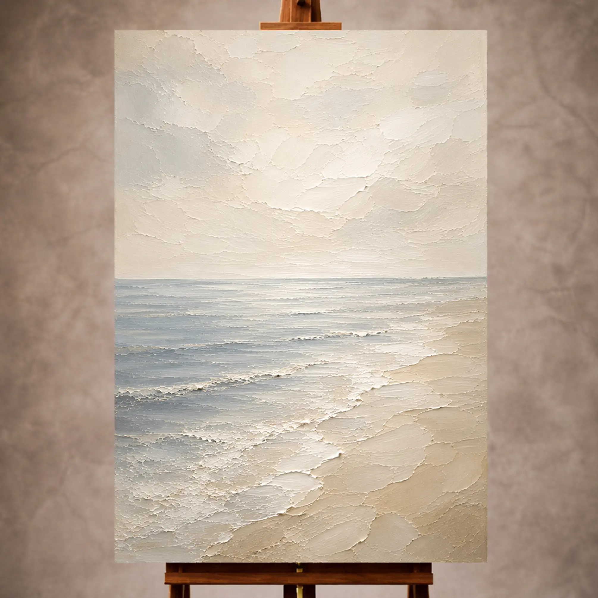 Premium Wall Art Dikey Html Edition – LVNGRM058 Image 1 Airy blue-gray Living Room Wall Art print featuring a tranquil sea horizon and softened beach forms for elegant coastal interiors