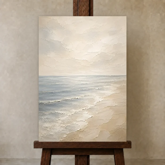 Airy Horizon Coastal Living Room Wall Art Canvas Print displayed on a studio easel