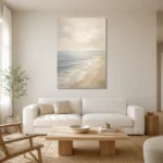 Airy Horizon Coastal Living Room Wall Art Canvas Print styled in a refined neutral interior