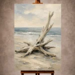 Weathered beige Living Room Wall Art print featuring sculptural driftwood beside a blue-gray shoreline for refined coastal interiors